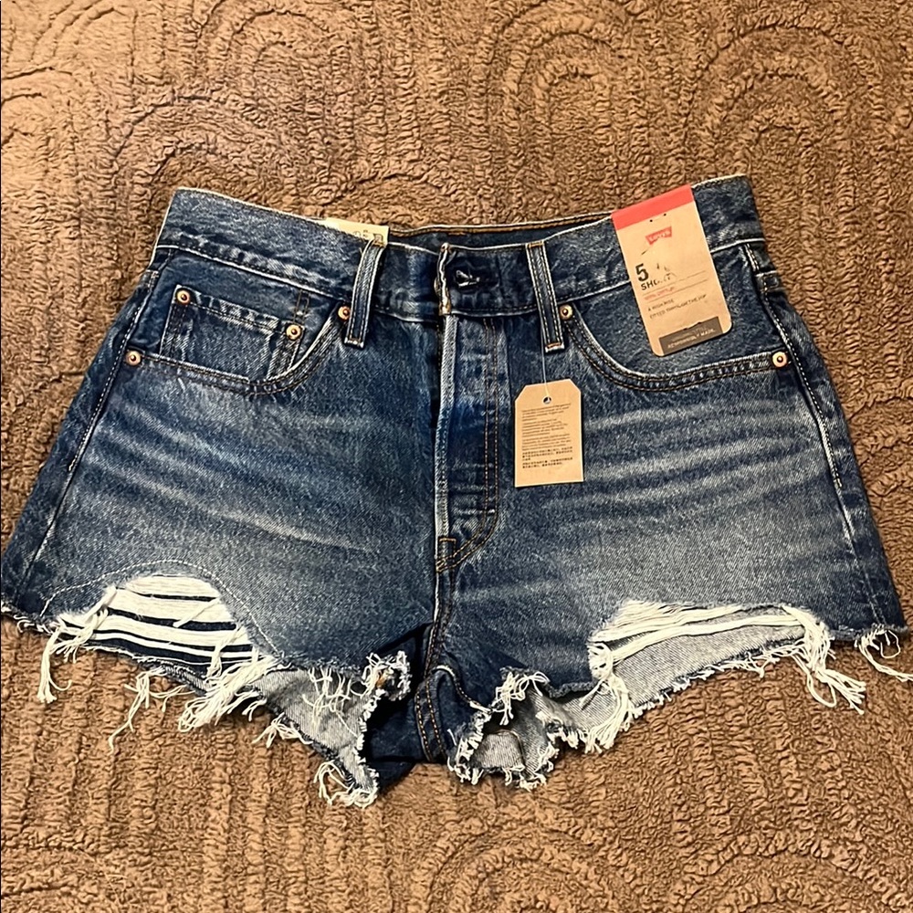 Levi's Blue Jean Distressed High-Waisted Shorts